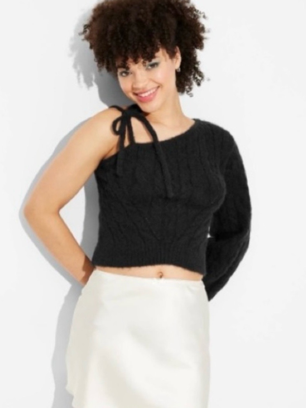 Women's One Shoulder Tie Cable Pullover Sweater - Wild Fable Black Size XS